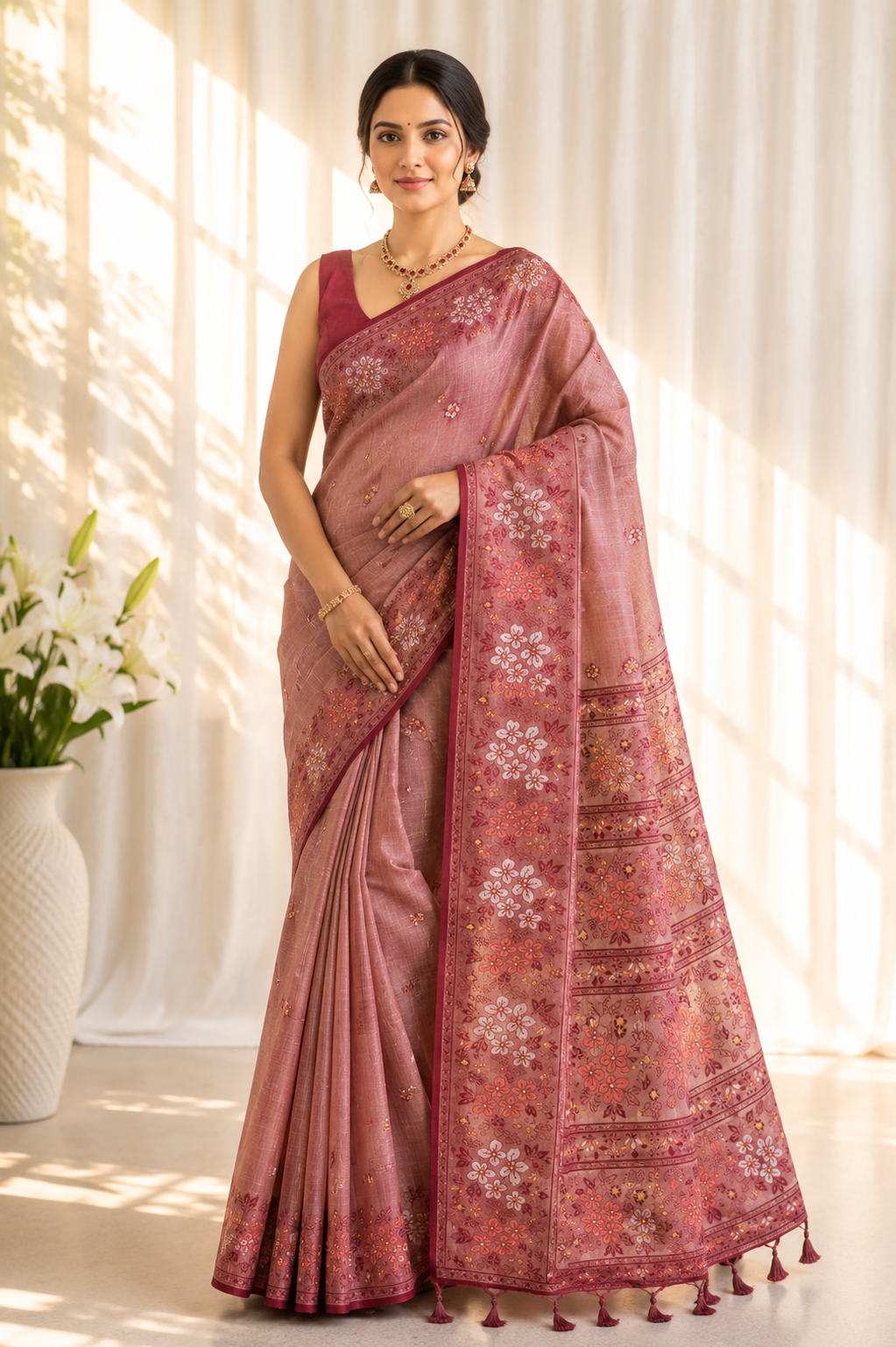 Jamuni Red Cotton Silk Saree | Meenakari Zari Handwoven Floral Motifs & Border