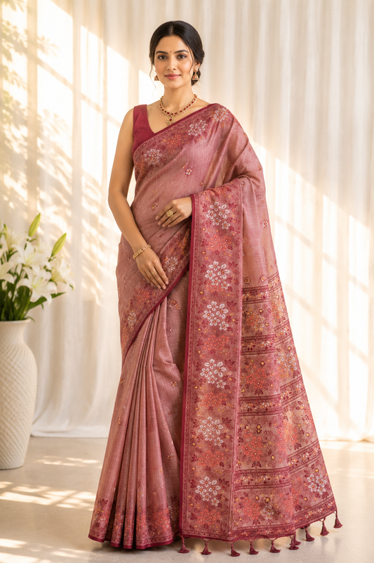 Jamuni Red Cotton Silk Saree | Meenakari Zari Handwoven Floral Motifs & Border