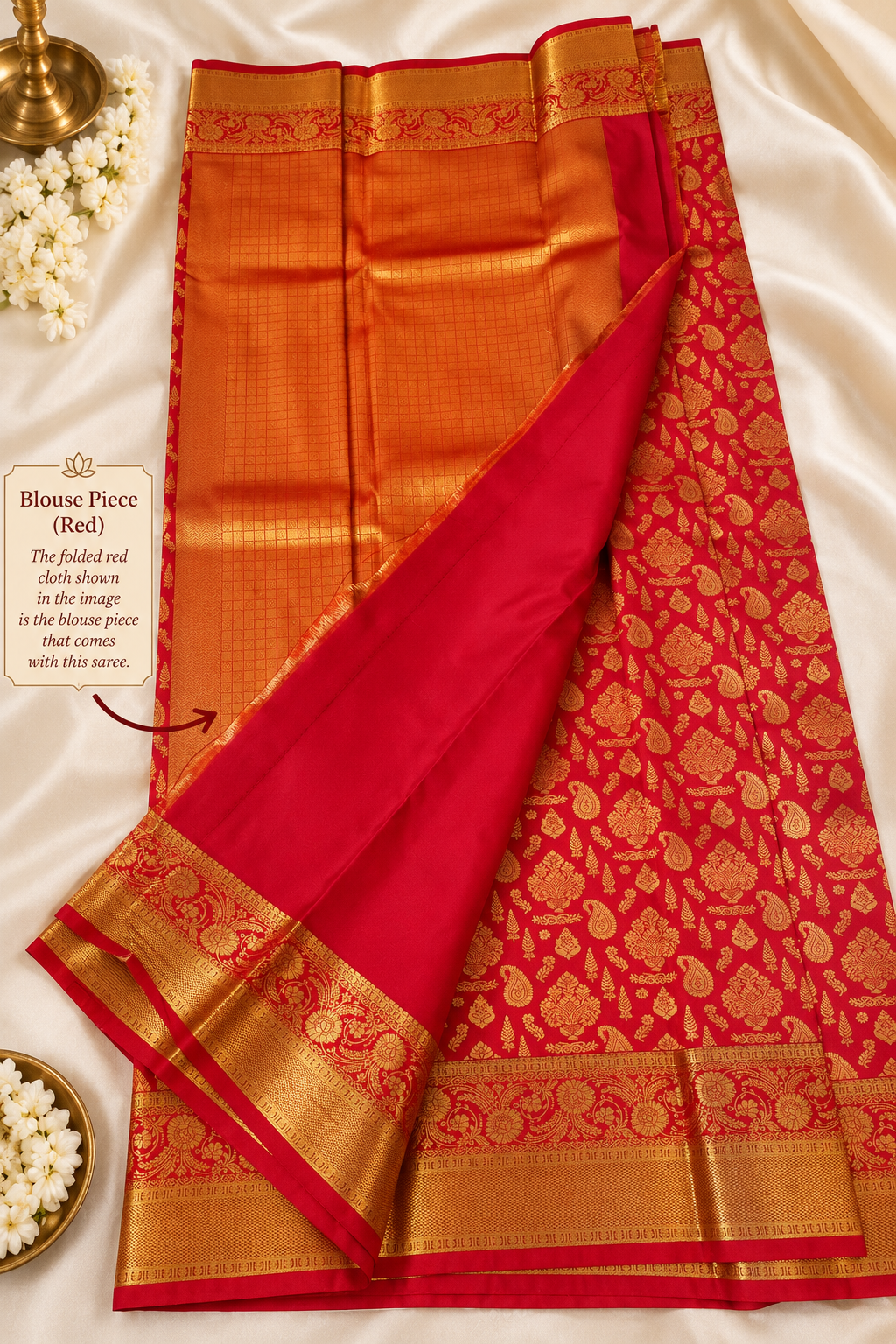 Red Silk Saree with Golden Zari Border & Floral Motifs