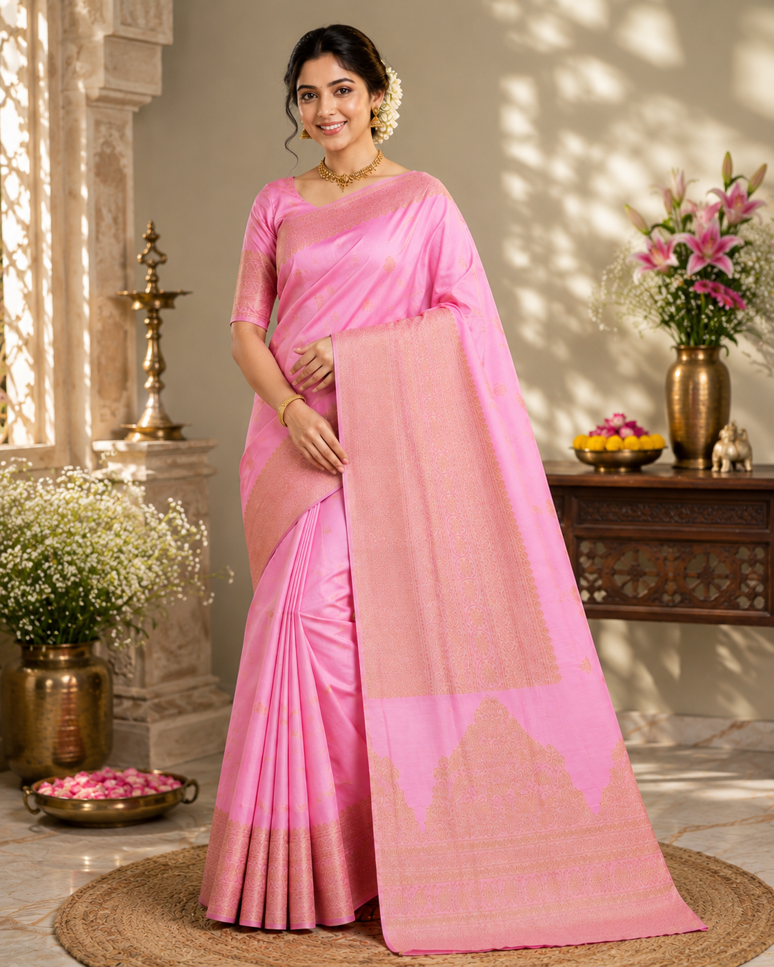 Pure Kanjivaram Blush Pink Silk Saree with Golden Zari