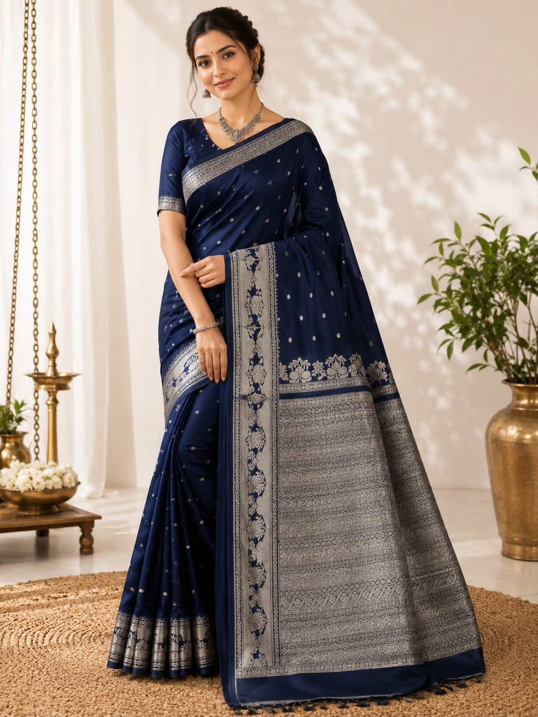 Navy Blue Veldhari Krishna Tilak Silk Saree