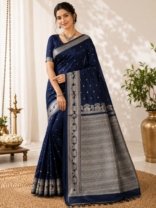Navy Blue Veldhari Krishna Tilak Silk Saree