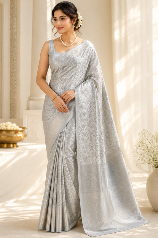 Soft Silk Off-White Floral Silver Zari Kanjivaram Saree