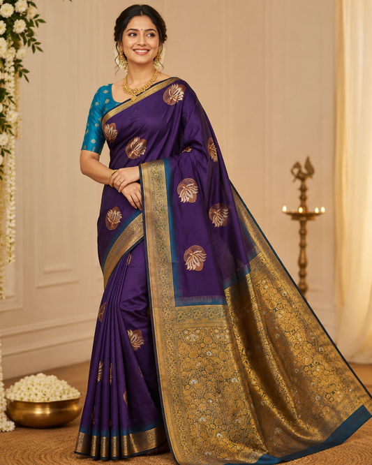 Kamalam soft silk kanjivaram | Purple with Golden Floral Pallu pallu