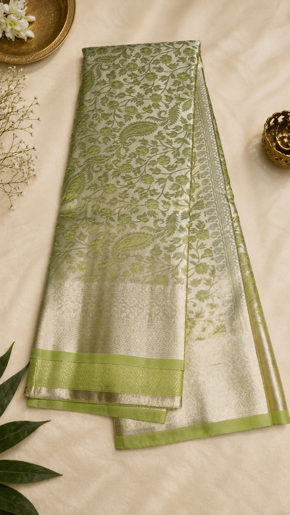 Soft Silk Green Kanjivaram Saree with Floral & Silver Zari Motifs