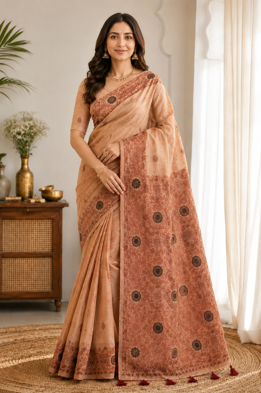 Brick Orange Cotton Silk Saree with Brown Floral Embroidery