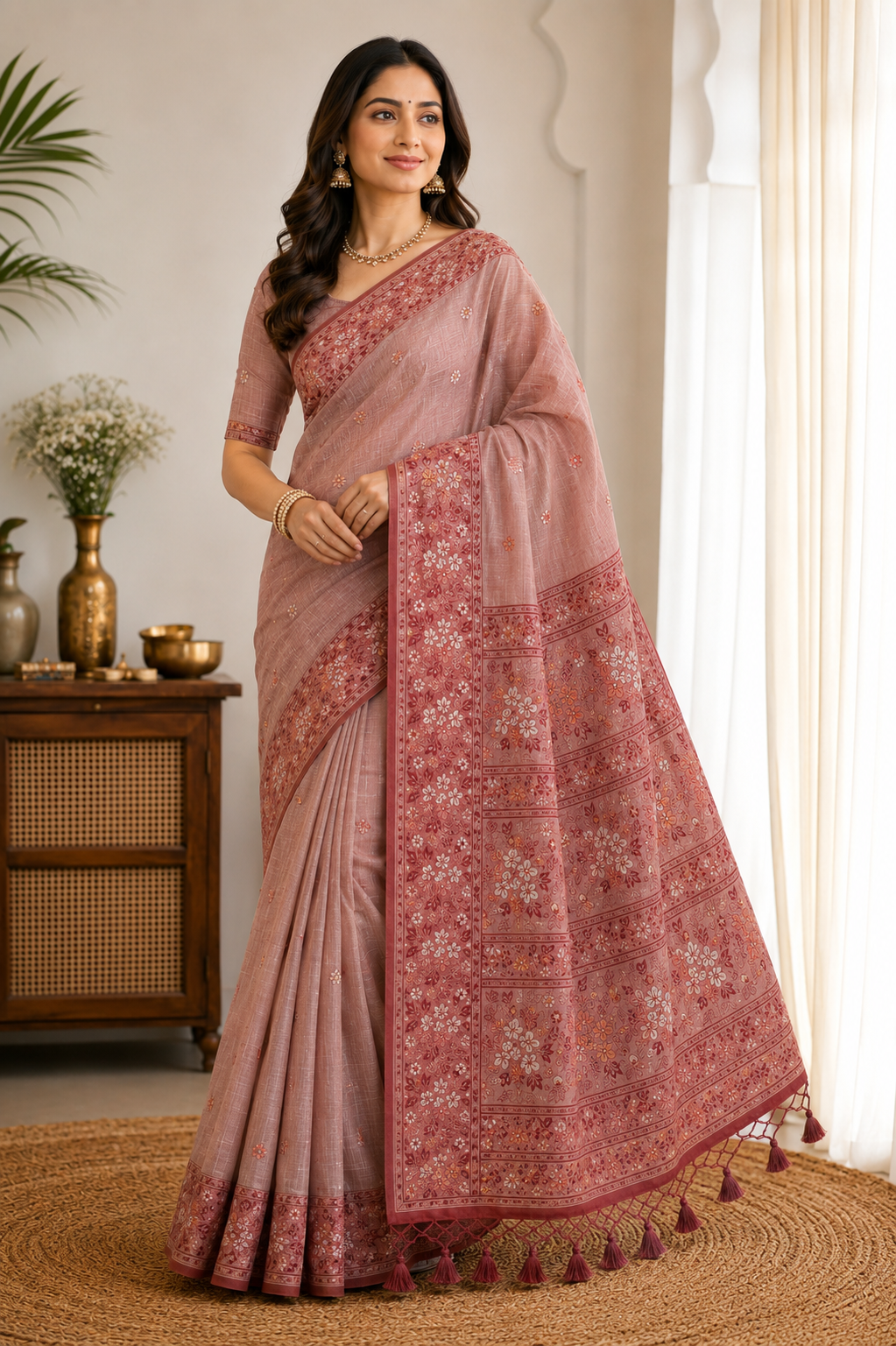 Jamuni Red Cotton Silk Saree | Meenakari Zari Handwoven Floral Motifs & Border