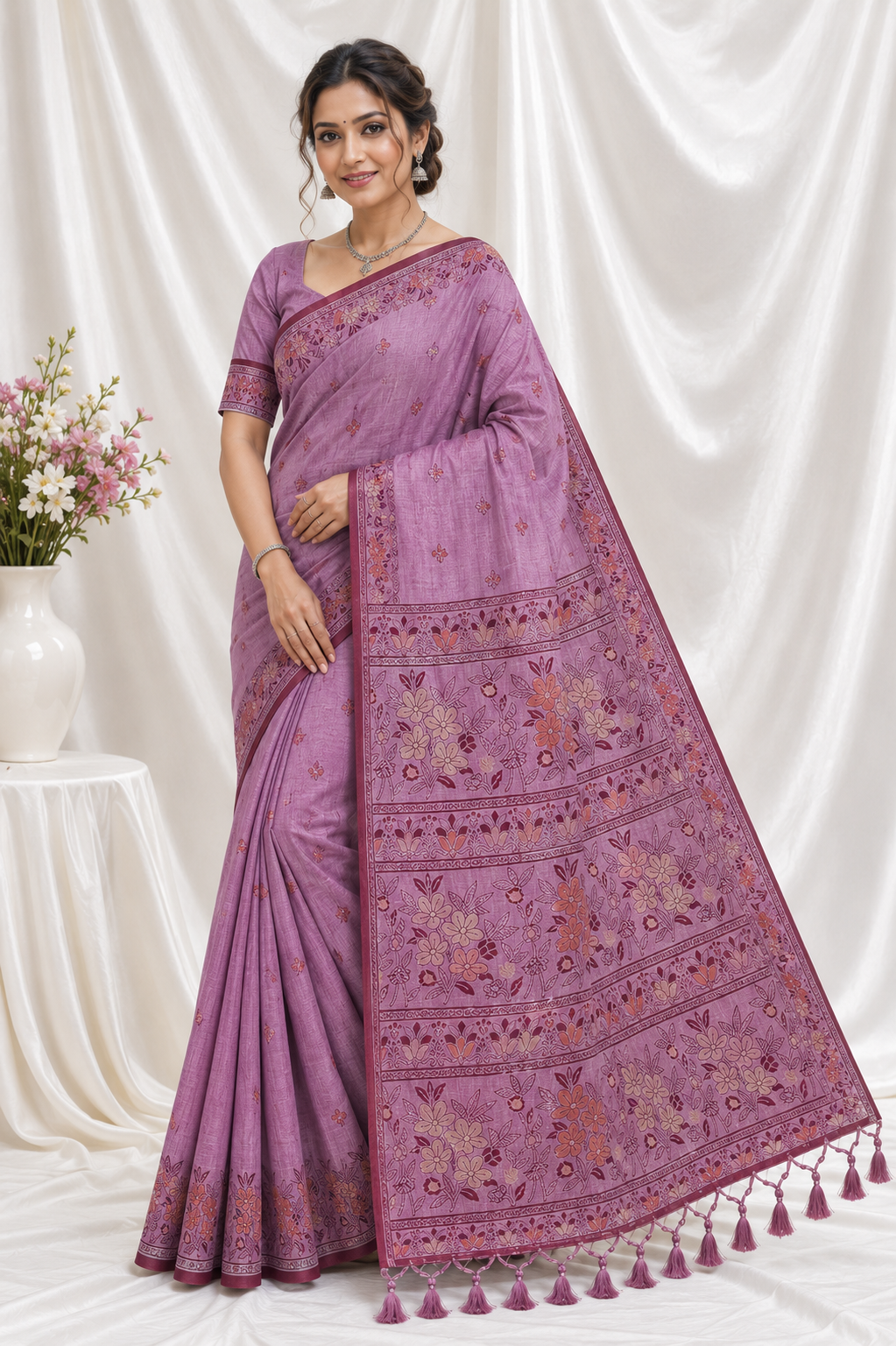 Magenta (Hot Pink) Cotton Silk Saree with Meenakari Zari Handwoven Floral Motifs