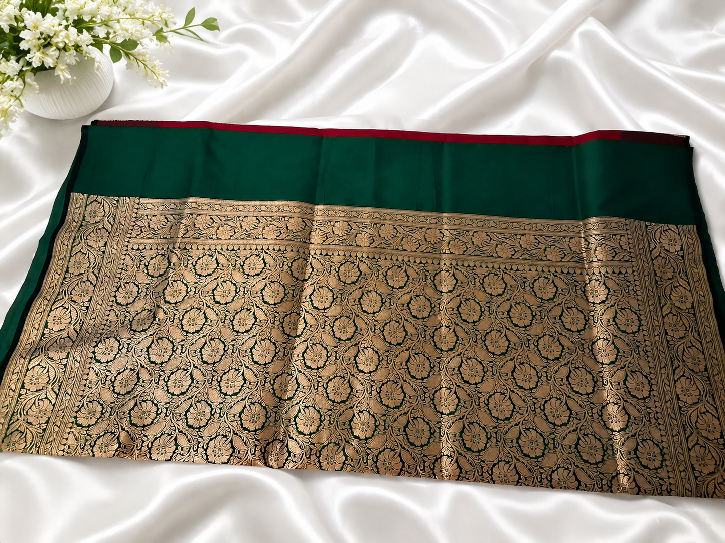 Red Banarasi Silk Saree with Green Zari Floral Border & Pallu