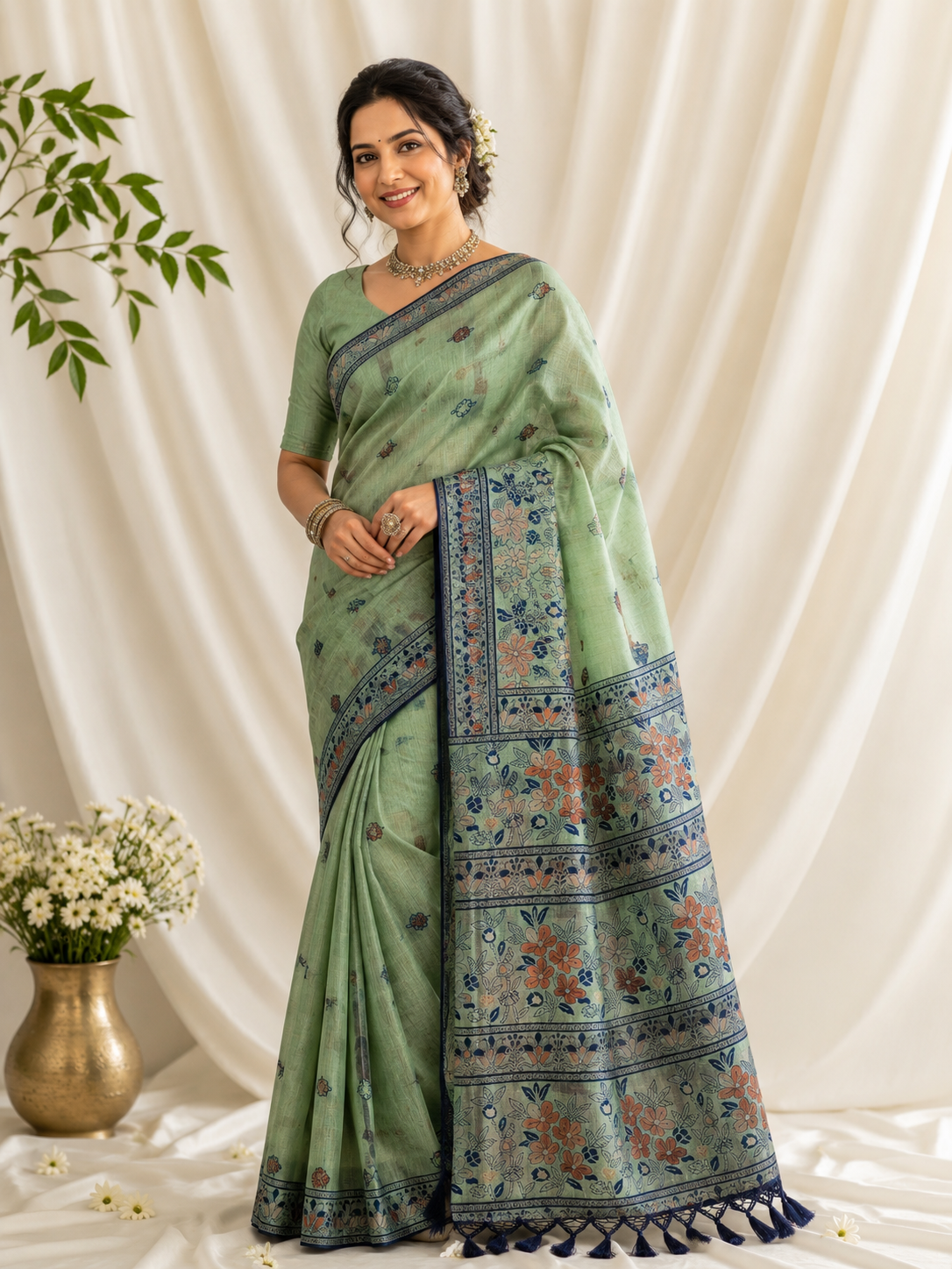 Teal Green Cotton Silk Saree with Meenakari Zari Work