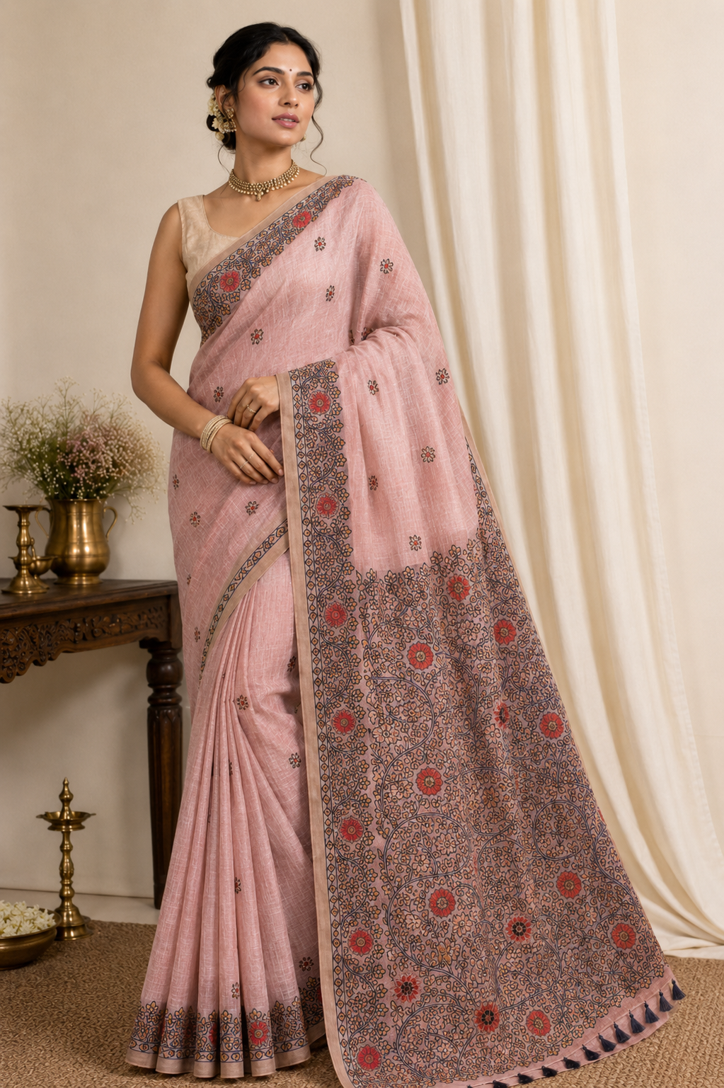 Coral Rose Cotton Silk Saree | Meenakari Zari Handwoven Floral & Leaf Motifs