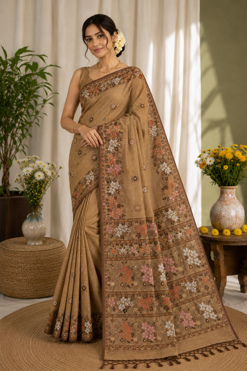 Chikoo Brown Cotton Silk Saree | Meenakari Zari Handwoven Floral & Leaf Motifs