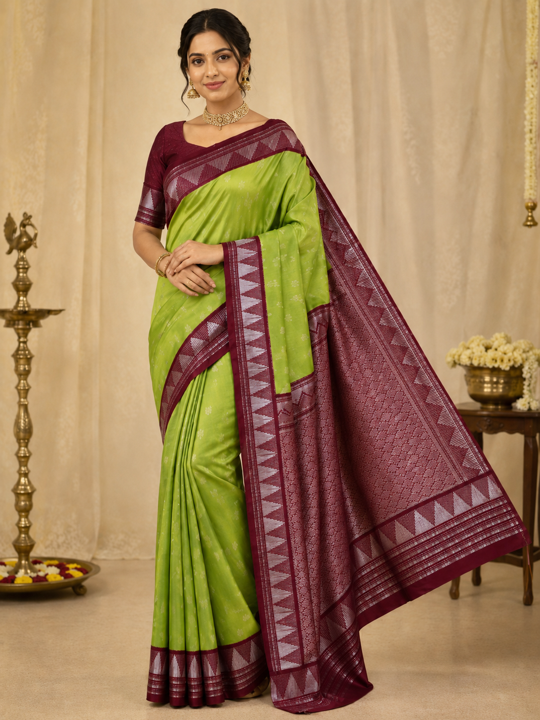 Olive Green Kanjivaram Soft Saree with Maroon Temple Border
