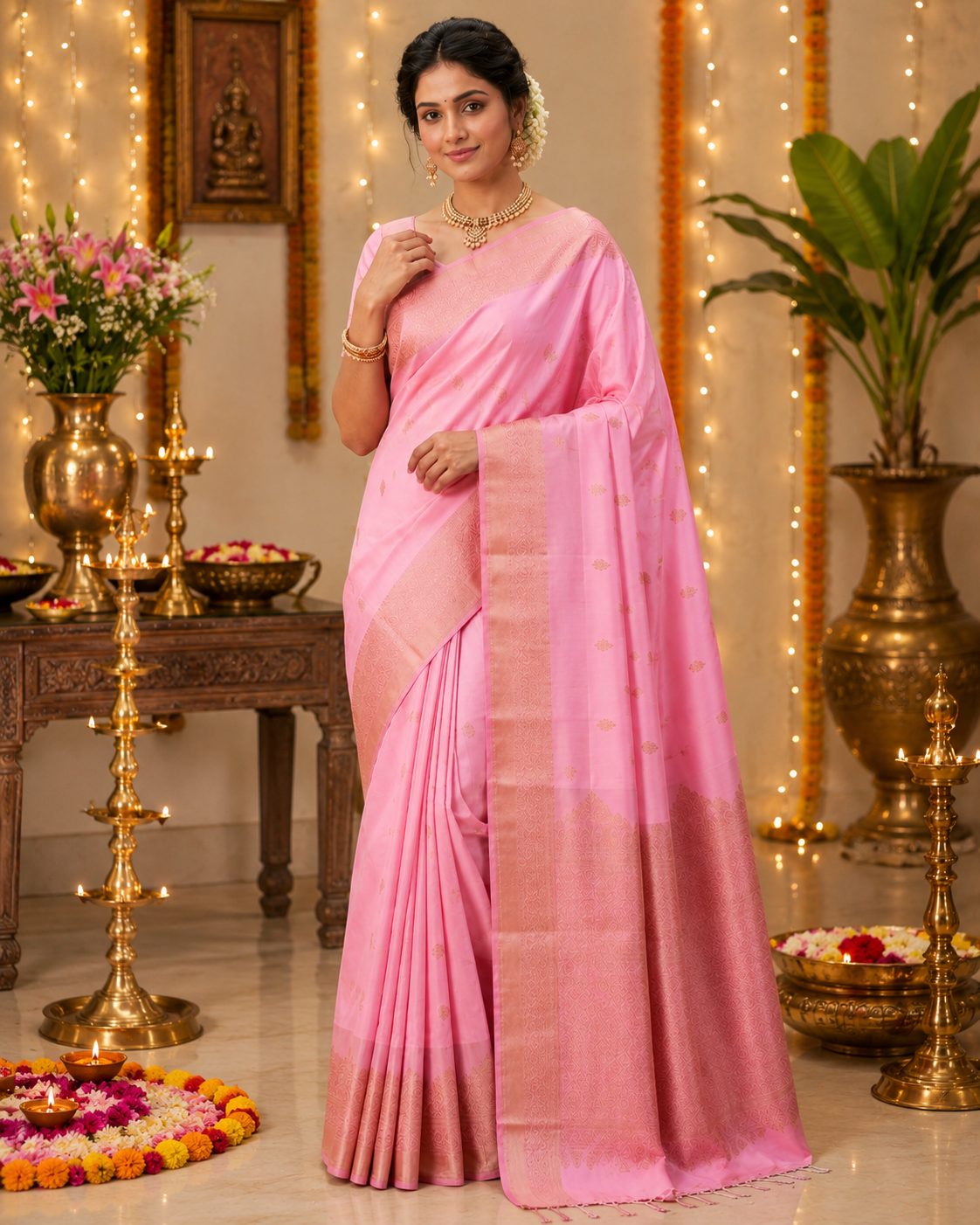 Pure Kanjivaram Blush Pink Silk Saree with Golden Zari