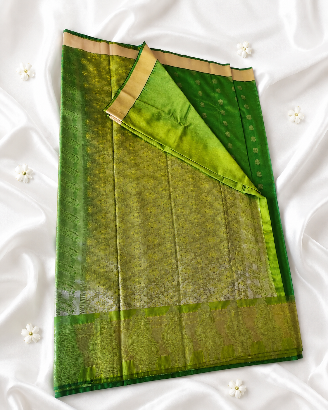 Festive Leaf Green Kanjivaram Soft Silk Saree with Zari Butti Work