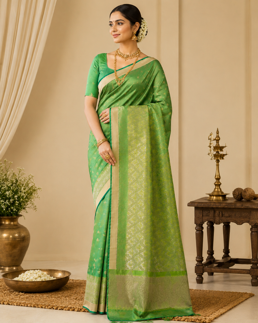 Festive Leaf Green Kanjivaram Soft Silk Saree with Zari Butti Work