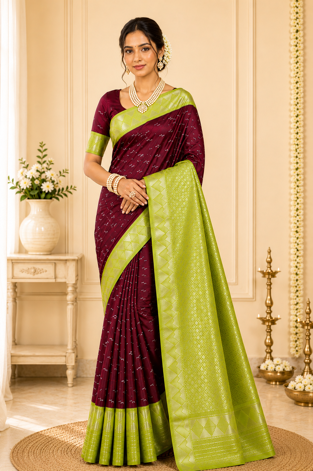 Deep Maroon Soft Silk Saree with Contrast Olive Green Border