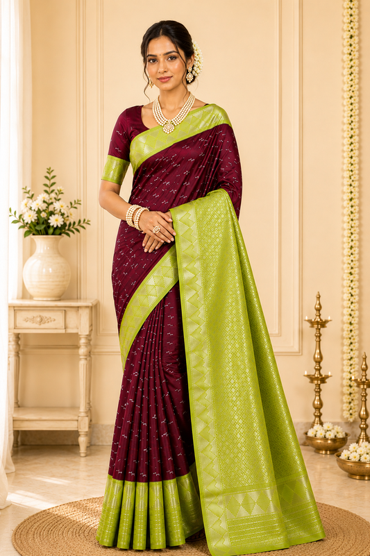 Deep Maroon Soft Silk Saree with Contrast Olive Green Border