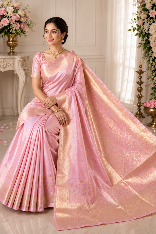 Baby Pink Kanjivaram Silk Saree with Rich Golden Zari Border
