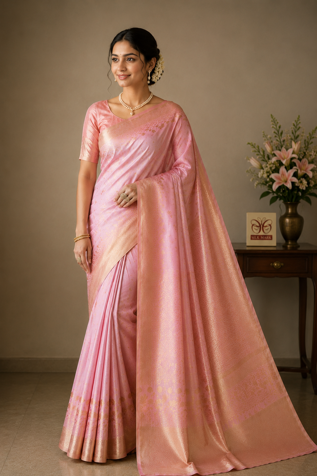 Baby Pink Kanjivaram Silk Saree with Rich Golden Zari Border