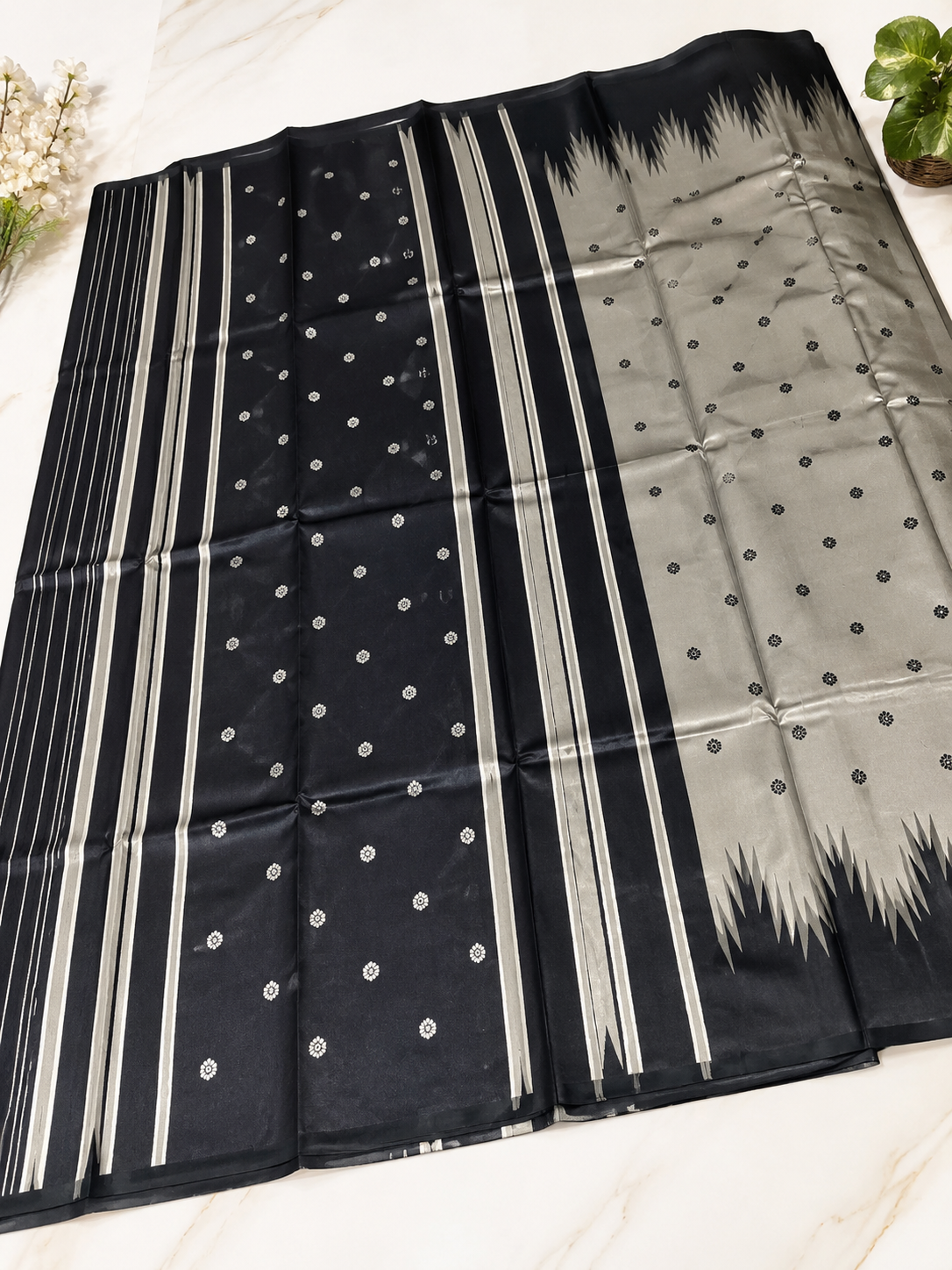 Ash Grey Kanjivaram Semi-Silk Saree with Black Temple Border