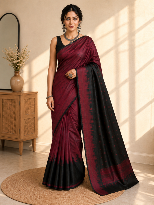 Semi-Silk Kanjivaram Saree – Red with Black Temple Border & Butta Work