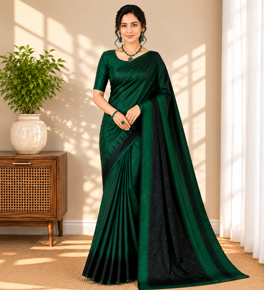 Semi-Silk Kanjivaram Saree – Dark Green with Black Temple Border & Butta Work