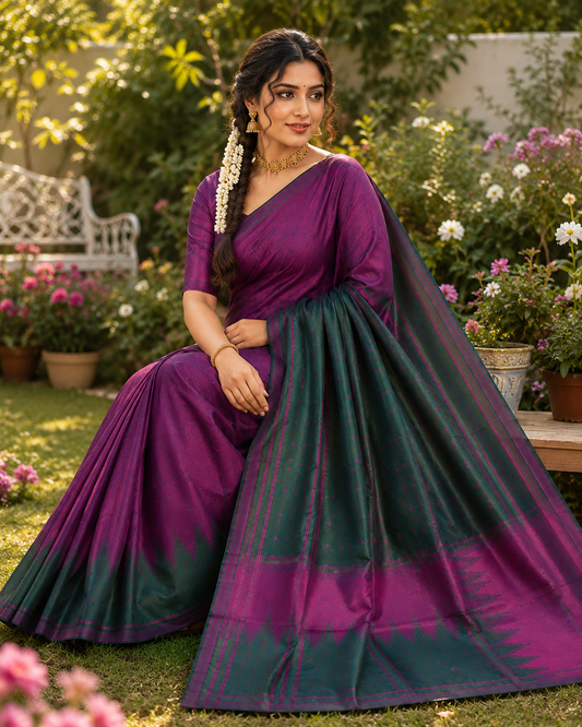 Semi-Silk Kanjivaram Saree – Purple with Green Temple Border