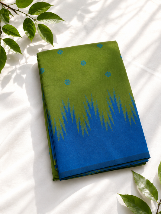 Semi-Silk Kanjivaram Art Silk Saree – Green with Blue Temple Border & Bhutta Work