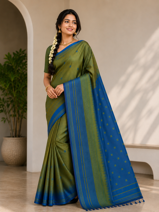 Semi-Silk Kanjivaram Art Silk Saree – Green with Blue Temple Border & Bhutta Work