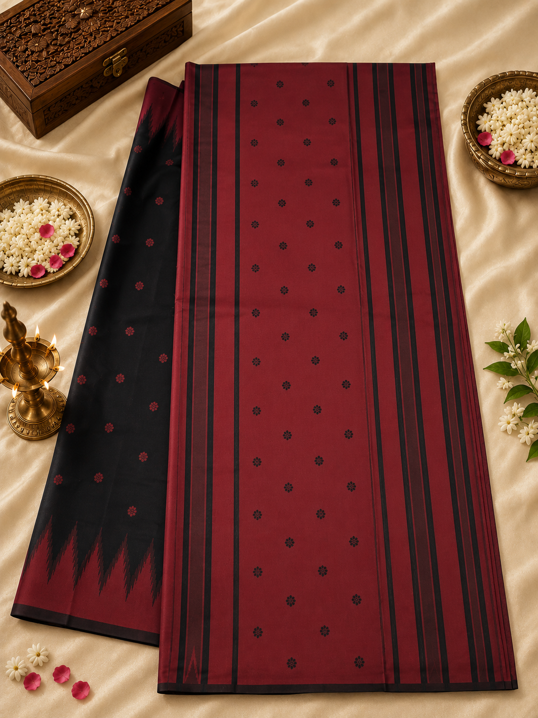 Semi-Silk Kanjivaram Saree – Black with Red Temple Border & Bhutta Work