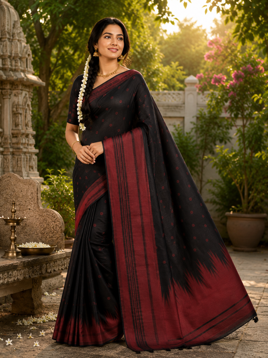 Semi-Silk Kanjivaram Saree – Black with Red Temple Border & Bhutta Work