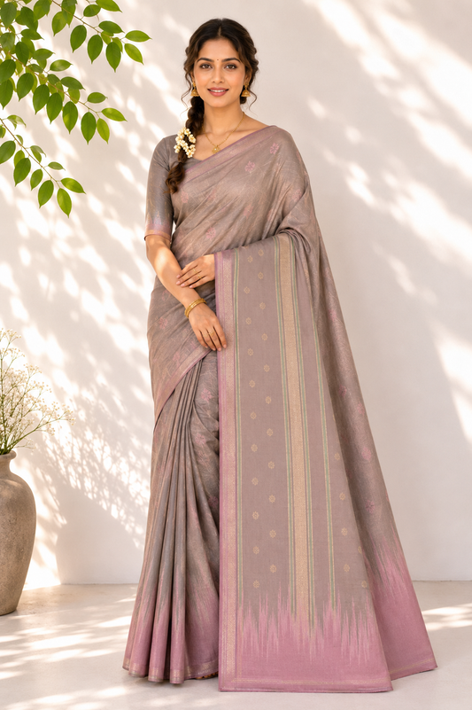 Semi-Silk Kanjivaram Saree – Ash Colour with Light Pink Temple Border & Bhutta Work