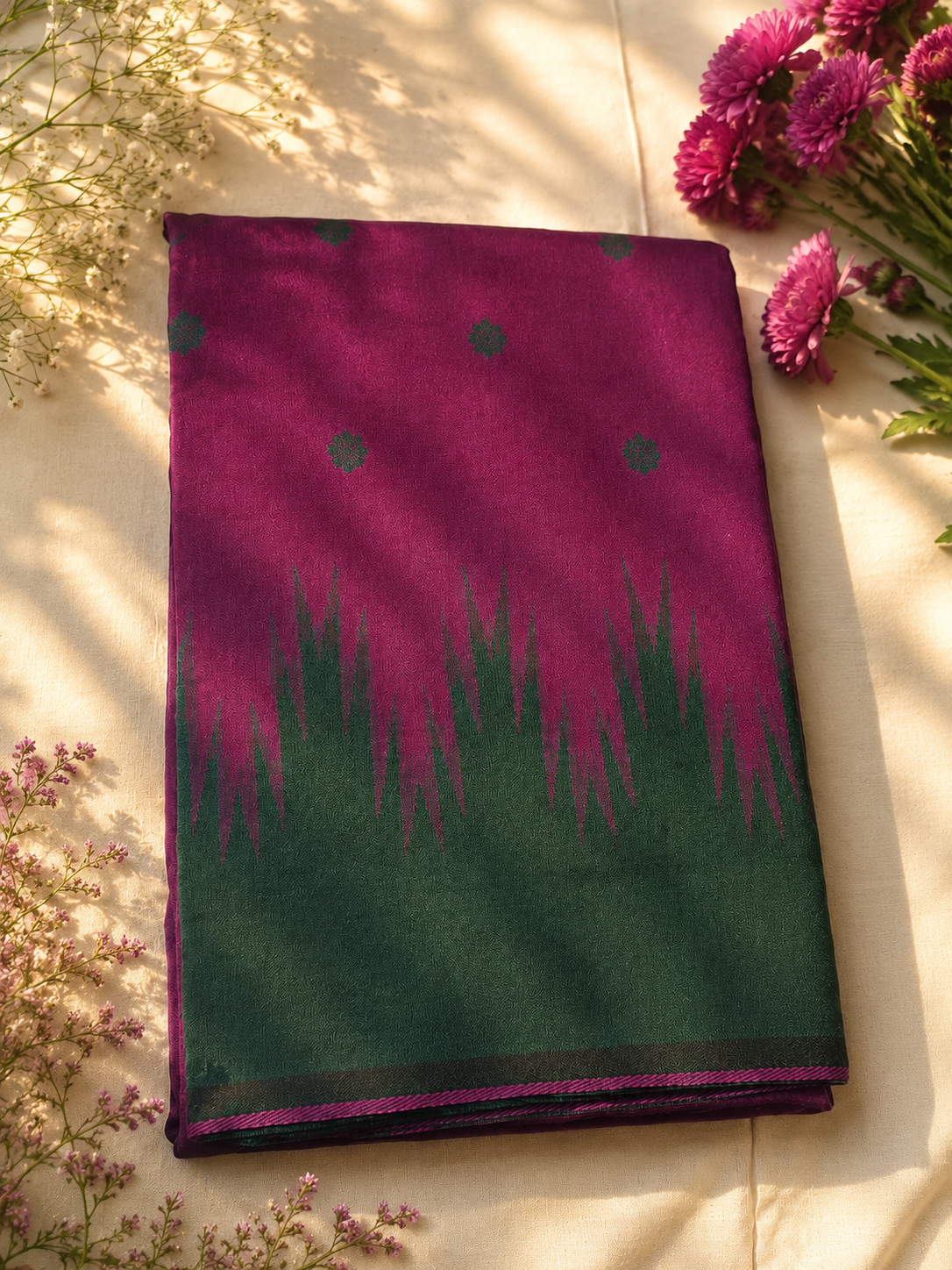 Semi-Silk Kanjivaram Saree – Purple with Green Temple Border