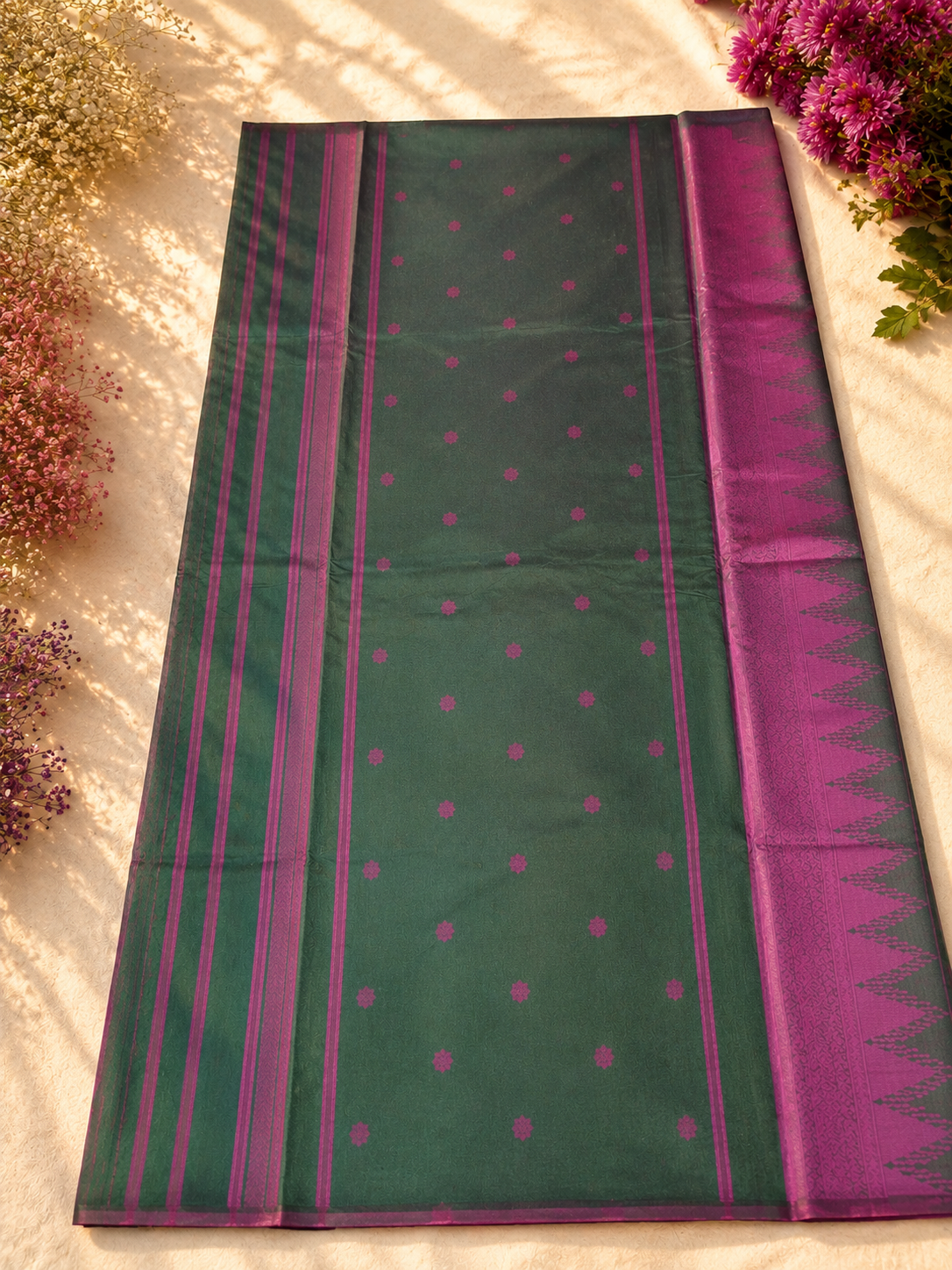 Semi-Silk Kanjivaram Saree – Purple with Green Temple Border