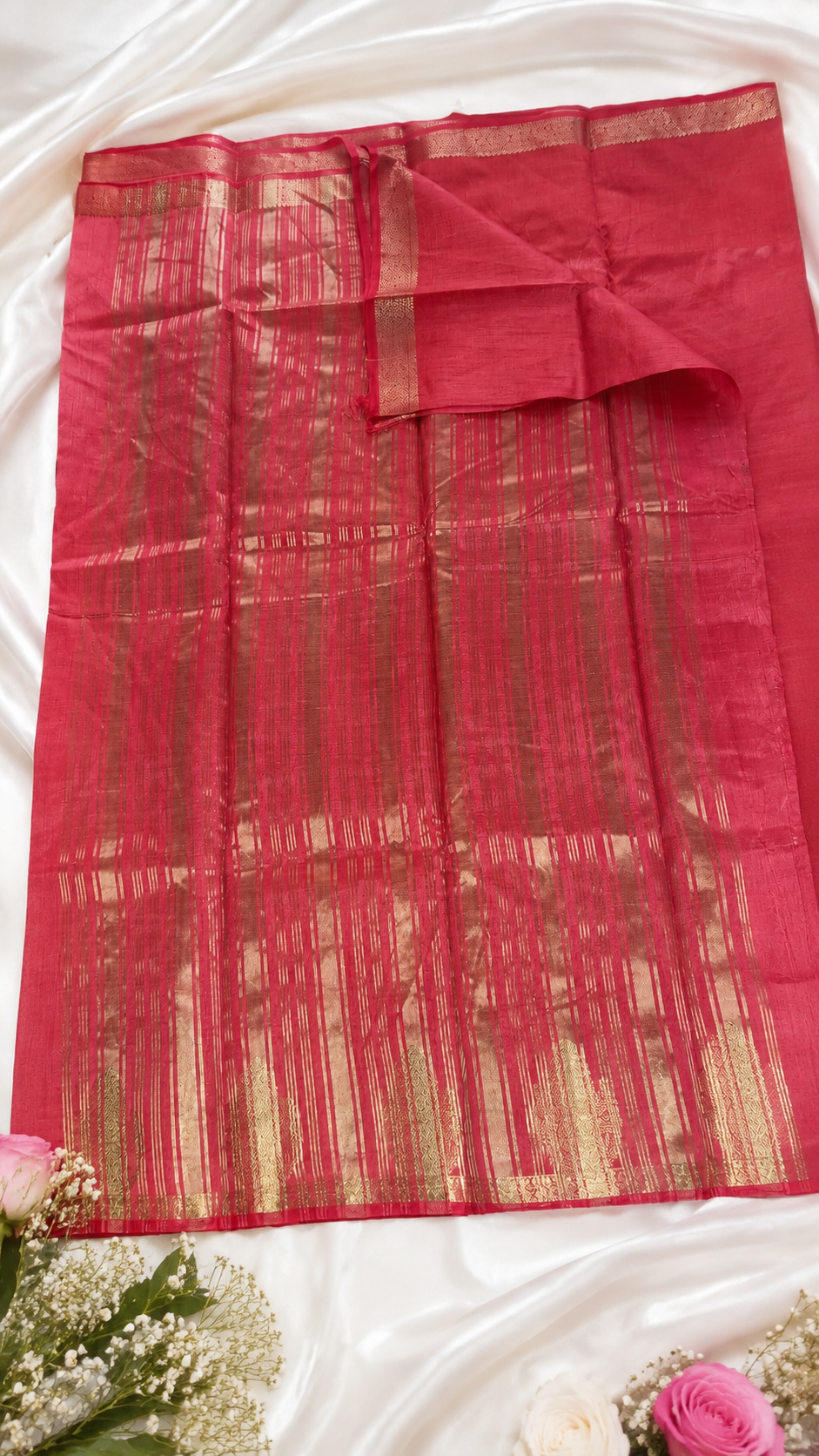 Rose Pink Kanchipuram Tussar Silk Saree with Golden Zari Bhutta & Blouse Piece
