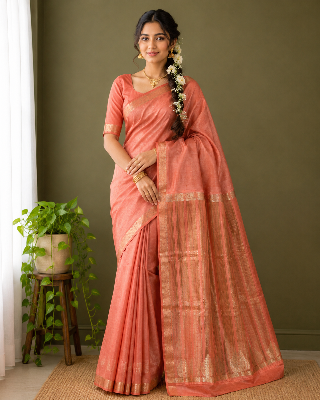 Peach Orange  Kanchipuram Tussar Silk Saree with Golden Zari Bhutta & Blouse Piece