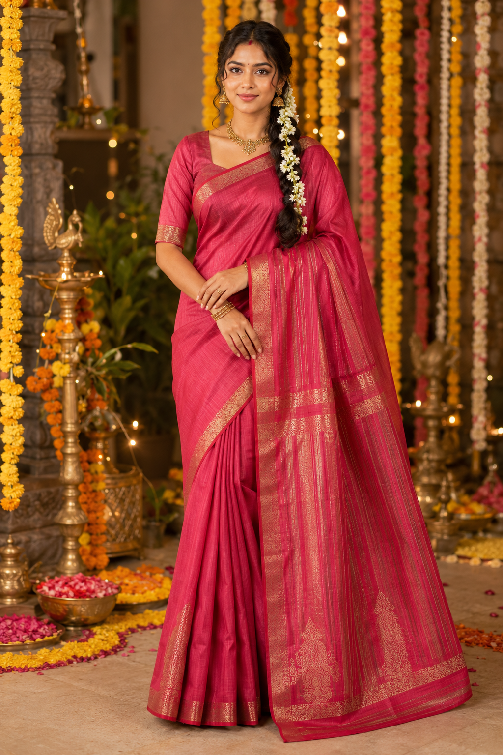 Rose Pink Kanchipuram Tussar Silk Saree with Golden Zari Bhutta & Blouse Piece