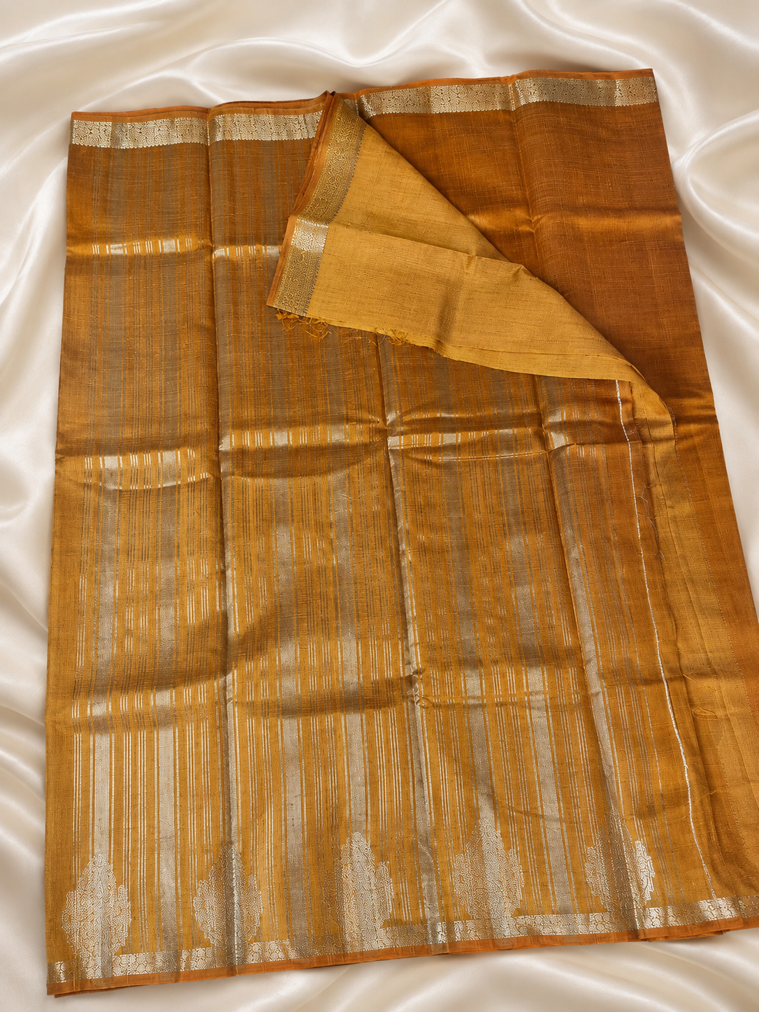 Mustard Yellow Kanchipuram Tussar Silk Saree with Golden Zari Bhutta Border & Blouse Piece