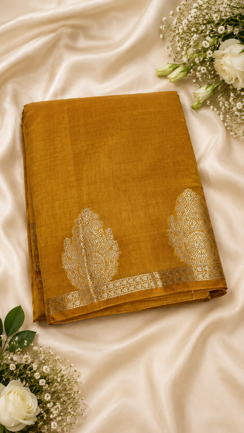 Mustard Yellow Kanchipuram Tussar Silk Saree with Golden Zari Bhutta Border & Blouse Piece