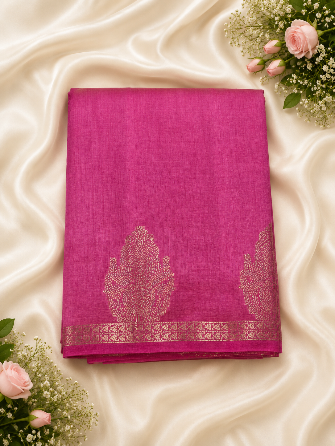 Rani Pink Kanchipuram Tussar Silk Saree with Golden Zari Bhutta Border & Blouse Piece