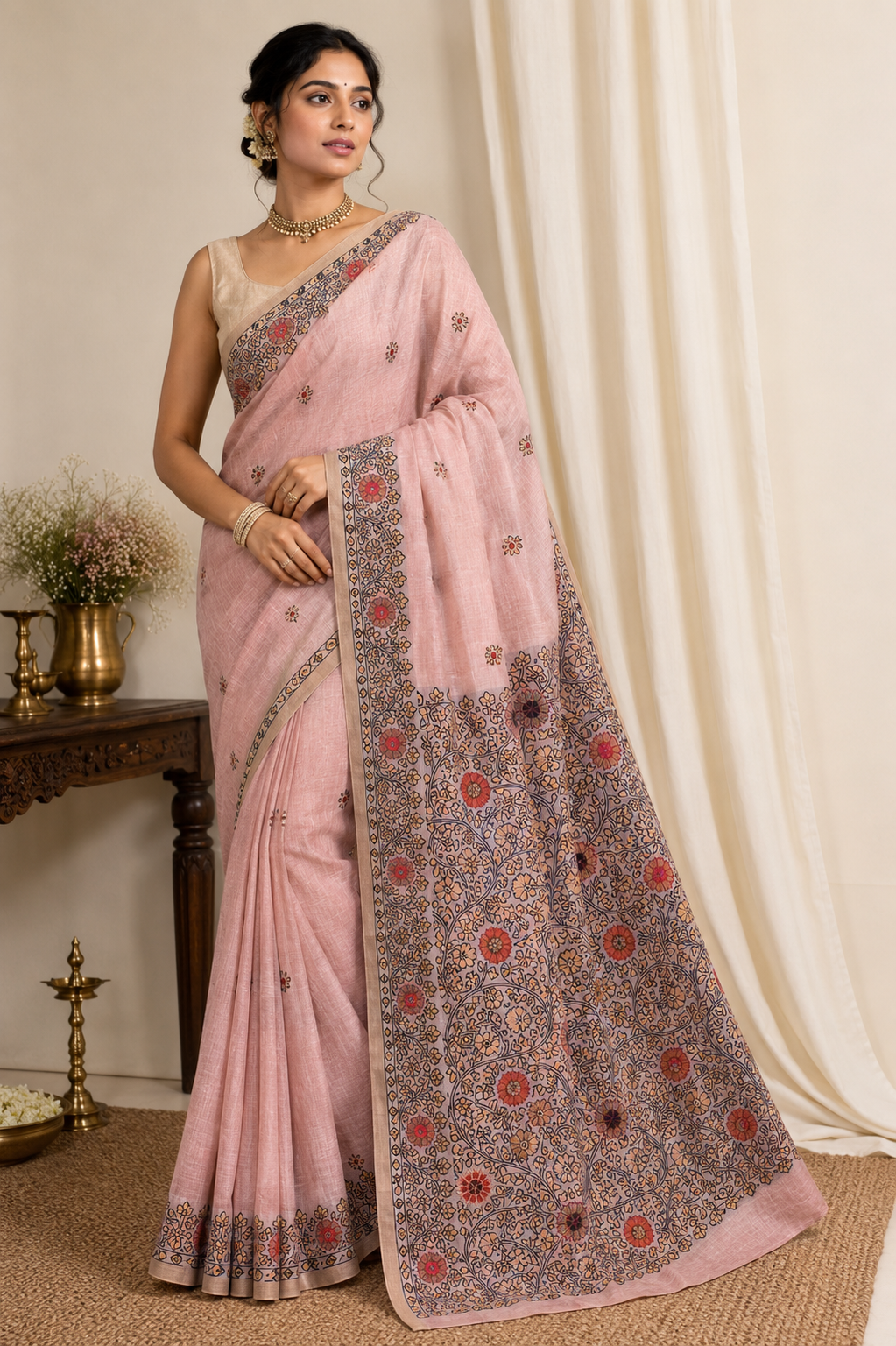 Coral Rose Cotton Silk Saree | Meenakari Zari Handwoven Floral & Leaf Motifs
