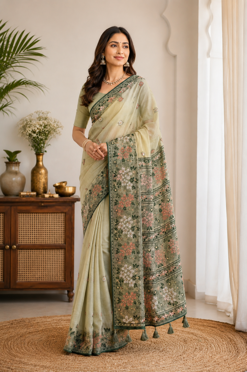 Pista Green Cotton Silk Saree | Meenakari Zari Handwoven Floral & Leaf Motifs