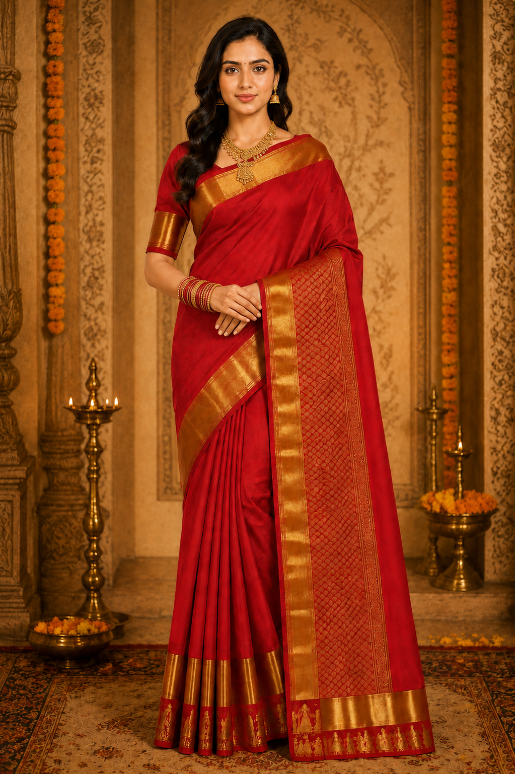 Festive Red Soft Silk Saree with Rich Gold Border