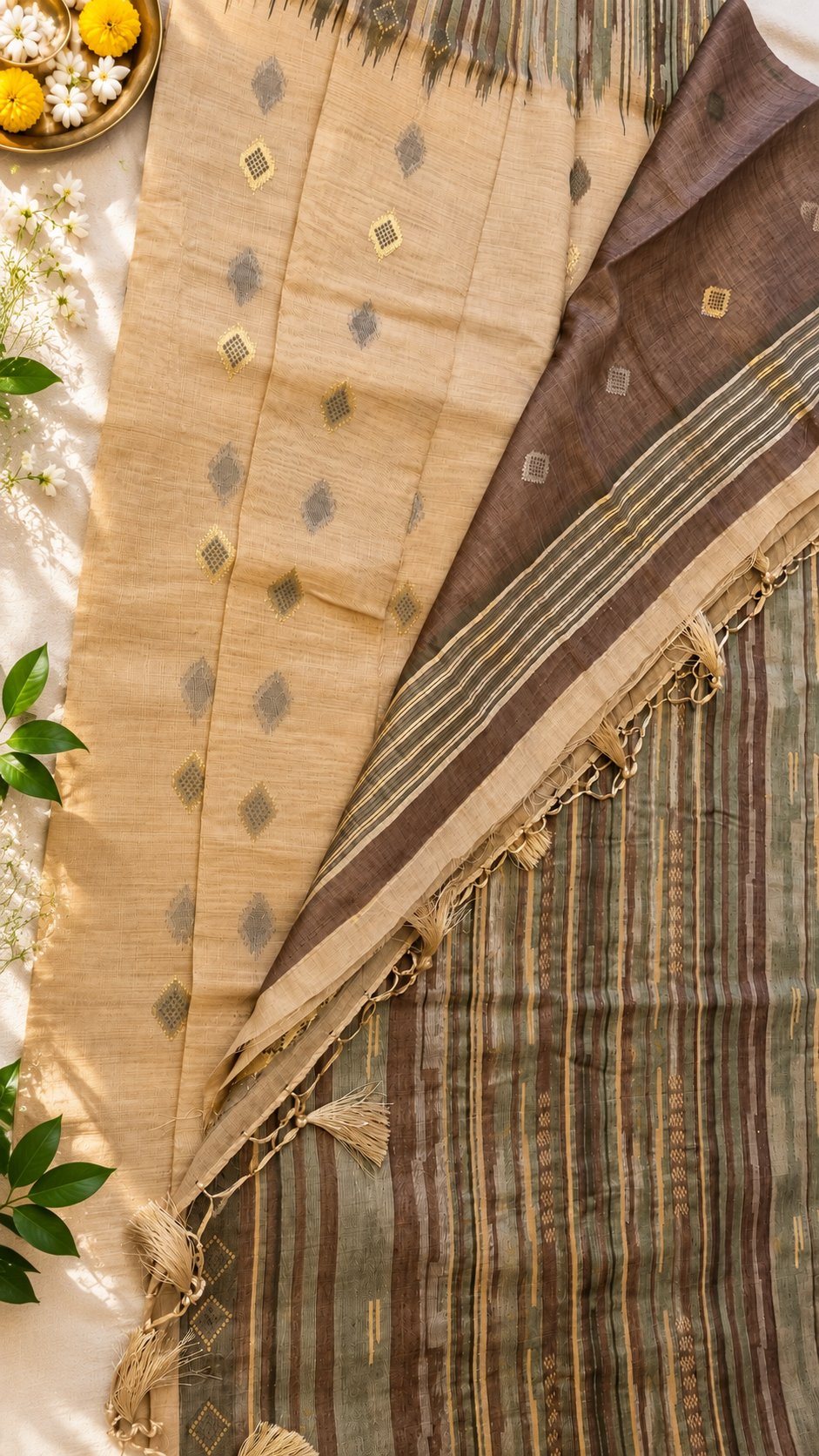 “Earthy Elegance – Beige & Olive Soft Silk Saree”