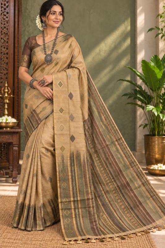“Earthy Elegance – Beige & Olive Soft Silk Saree”