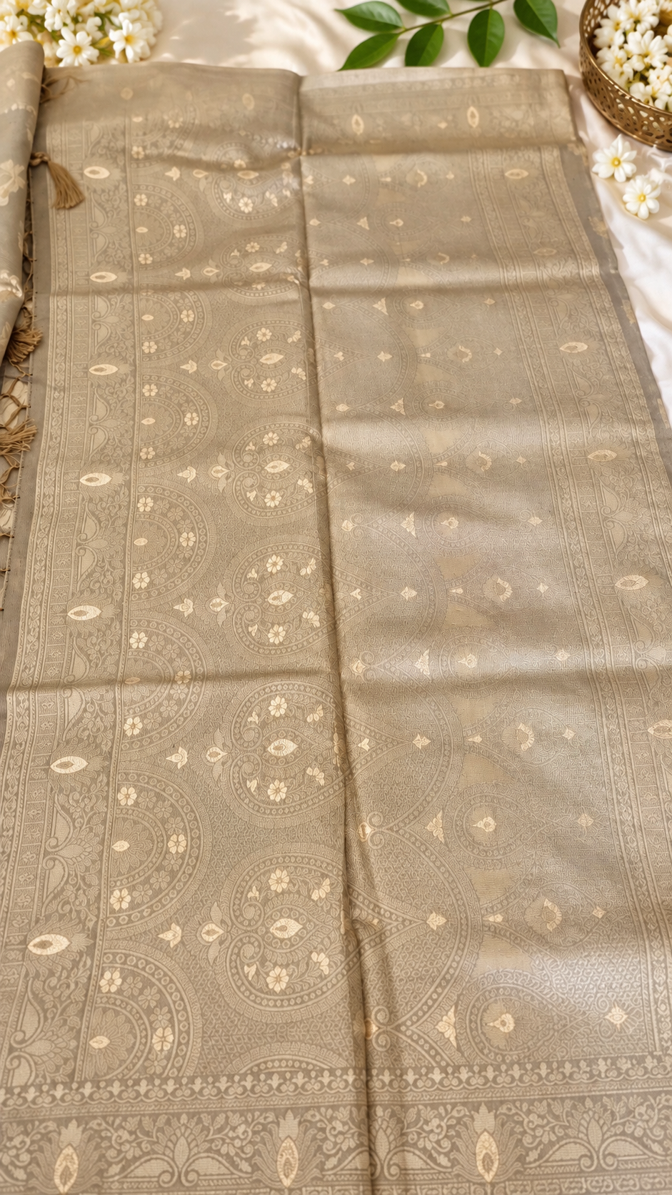 Elegant Grey Sage with Zari Motifs - Soft Silk Saree