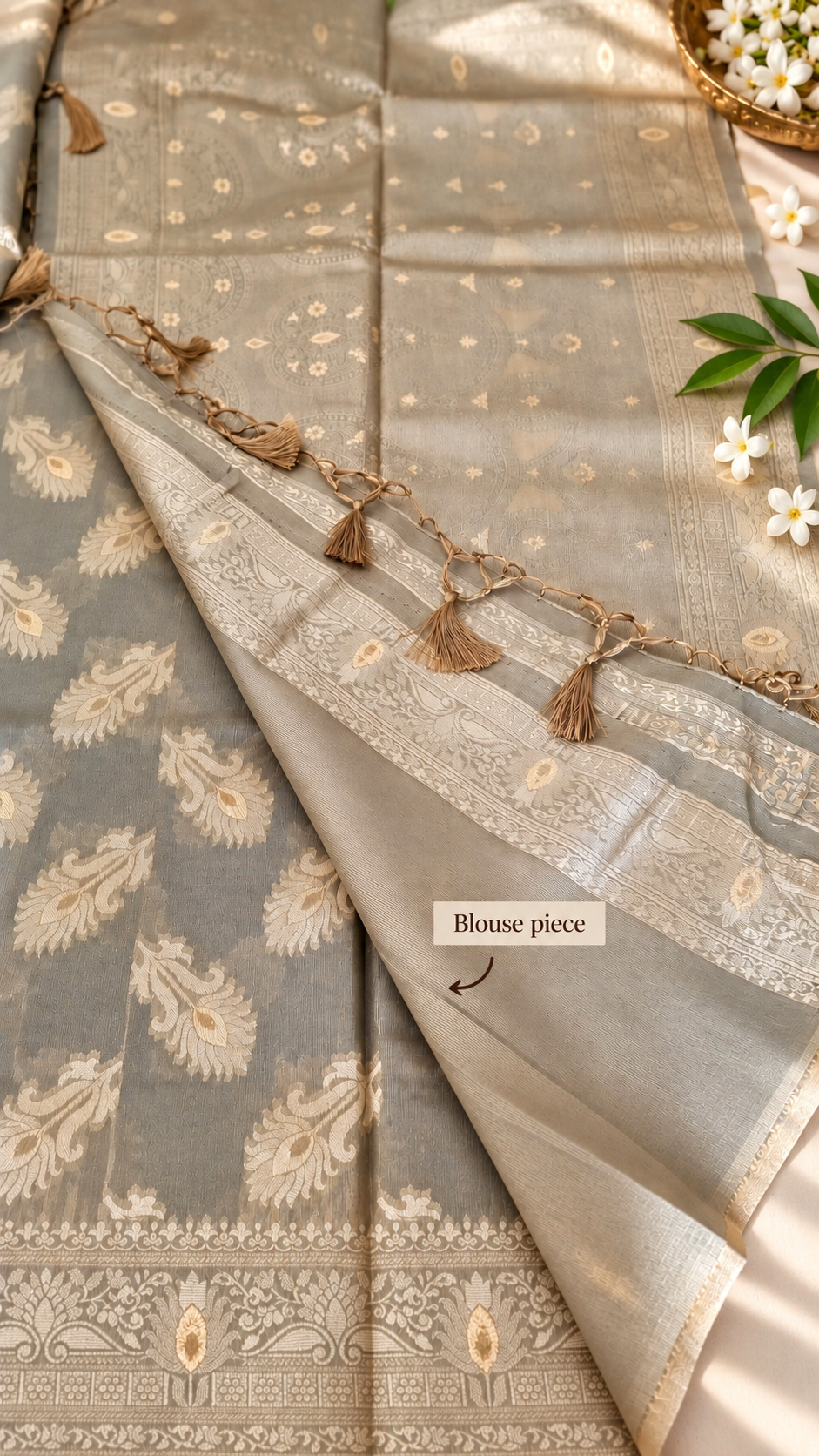 Elegant Grey Sage with Zari Motifs - Soft Silk Saree