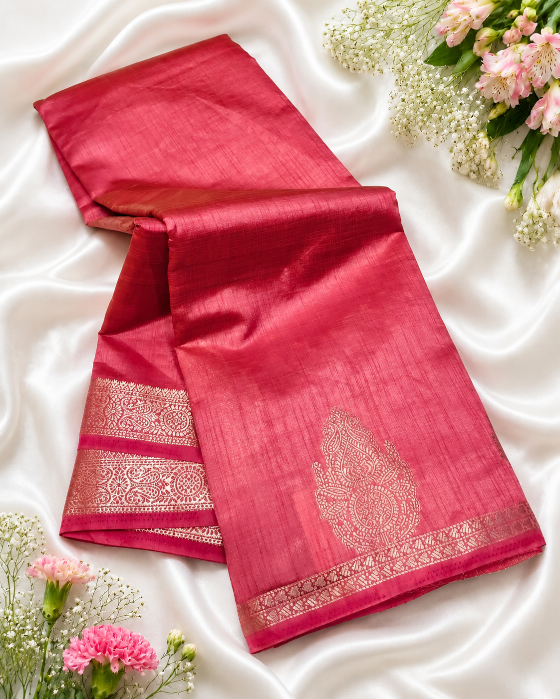 Rose Pink Kanchipuram Tussar Silk Saree with Golden Zari Bhutta & Blouse Piece