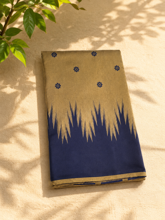 Semi-Silk Kanjivaram Saree – Gold with Navy Blue Temple Border & Bhutta Work